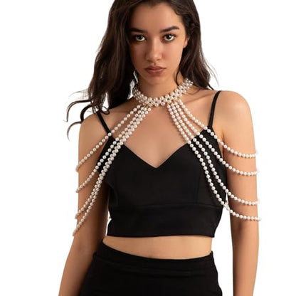 Pearl Beaded Bra Body Chain,Festival Rave Shoulder Chain Wedding Bridal Pearl Tassel Arm Chain Jewelry for Women - color: White