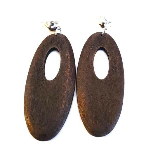 Clip-on Earrings Wood Earring Oval Hoop Brown or Black Earrings Silver Tone Clip - color: Dark Brown