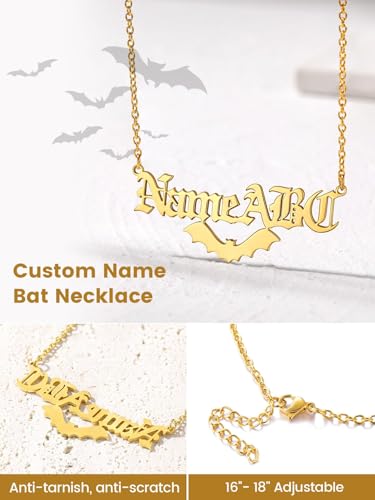 GoldChic JEWELRY Name Necklace Personalized for Men, Womens Custom Name Plate Chain, Stainless Steel Customized Old English Nameplate Choker with Curb Chains Custom, 16 inches to 30 inches - color: Rolo Chain(1.8 mm)&Bat- Gold
