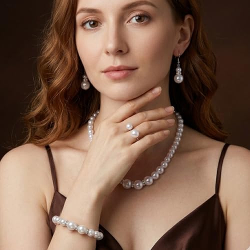 4 Pcs Big Pearl Necklace and Earring Set, White Jewelry Sets for Women, Elegant Bracelet Ring Collection, Classic Costume Jewelry for Wedding Bridesmaid Party Daily Wear