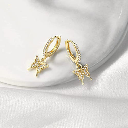 DAILY VIBES Cute Gold Mini Dangle Huggie Hoop Earrings for Women Trendy | 14K Gold Plated, Dainty Cubic Zirconia, Small Hoop Earrings with Charm Drop, Jewelry Gift for Women Ladies - color: Butterfly CZ