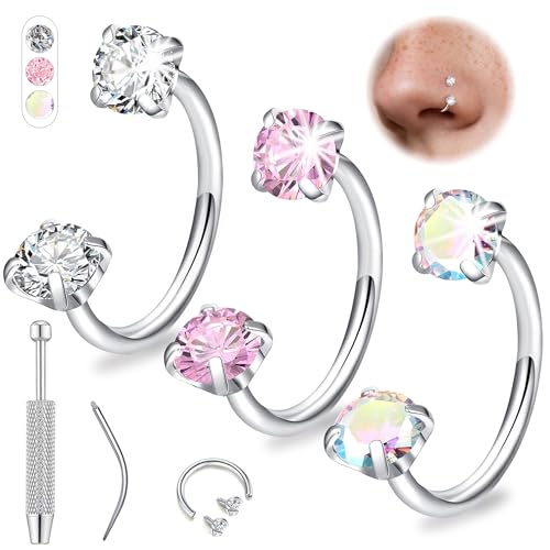 Aidenn 20G Horseshoe Nose Ring Piercing for Women, 6–8mm CZ Nose Ring Set Gold & Silver, Surgical Steel Horseshoe Piercing Jewelry with Double CZ, for Cartilage Helix Tragus Earring Labret Lip With Tool - color: 20G 6mm/silver