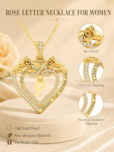 14K Gold Initial Letter Rose Heart Pendant Necklace for Women, Anniversary Birthday Jewelry Gifts for Wife Mom Grandma Sister Daughter, I Love You for Always And Forever - style: 14K Gold-P