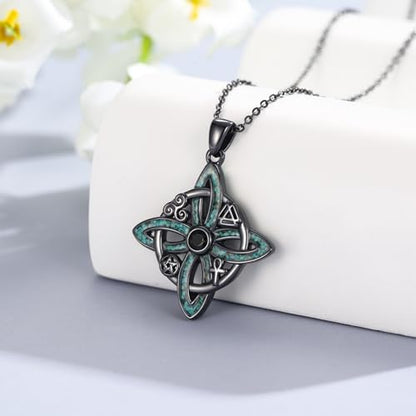 Witch Necklace 925 Sterling Silver Pentagram Triple Moon Pentacle Pendant Wiccan Pagan Jewelry Witchy Gifts for Women - style: Witches Knot-Turquoise