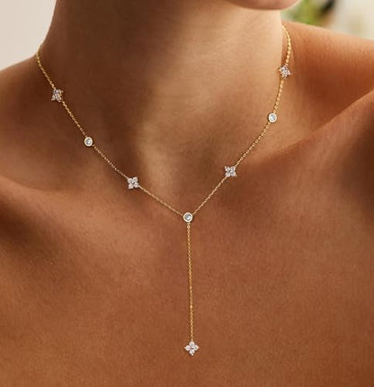 Long Gold Necklace For Women,Dainty Lariat Y Necklace 14K Gold Plated Cute Cubic Zirconia Lariat Necklaces Trendy Simple Statement Rhinestone Choker Necklaces Summer Jewelry - color: Gold-style 1