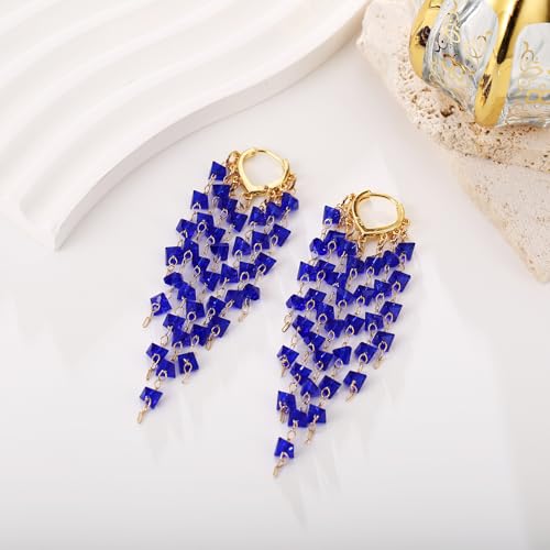 Fringe Hoop Dangle Earrings, Long Beads Tassel Chain Earrings for Women Sparkly Chandelier Earrings - color: Royal Blue