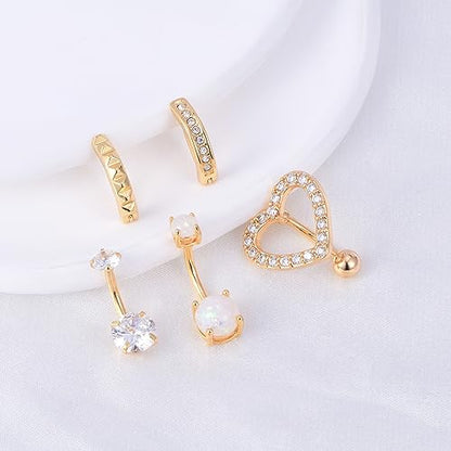 Belly Button Rings Stainless Steel 14G CZ Opal Navel Rings Barbells Women Girls Belly Piercing Jewelry - color: Golden Color-Clicker-StyleD: 5PCS