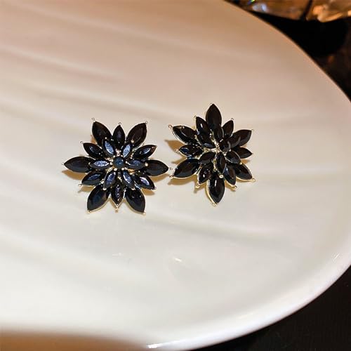 Crystal Flower Burst Stud Earrings Large Big Sparkly CZ Cubic Rhinestone Floral Cluster Flower Stud Earrings Bridal Wedding Party - color: Black