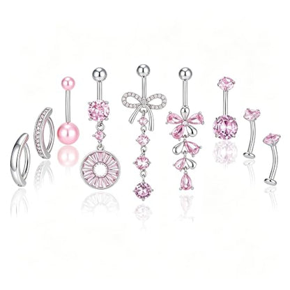 G&O JFU 9 Pcs Belly Button Ring Dangle Hypoallergenic Surgical Stainless Steel Heart Flower Pearl Bow Dangly Belly Rings for Women 14G Clicker Floating Navel Piercing Jewelry - color: Silver Pink
