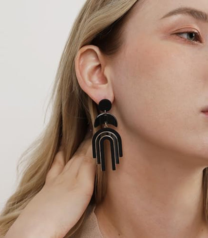 Ozel - Natural Wooden Acrylic Boho Drop Dangle Earrings for Women - Geometric Statement Jewellery - Brown, Black, Magent Red, Olive Green, White beige - color: Arch_Black