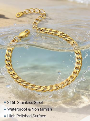 PROSTEEL Ankle Bracelets for Women, Silver/Gold/Black, Waterproof Anklets | Waterproof, Stainless Steel, Summer Beach Jewelry, Durable & No Tarnish, Come with Gift Box, 8-10.5" Adjustable, Plus Size - color: C: gold-cuban chain-6mm