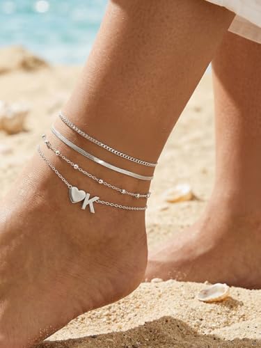 Ankle Bracelets for Women Waterproof 14K Gold/Silver/Black Initial Anklet for Women Dainty Layered Heart Ankle Bracelets Stainless Steel Adjustable Foot Chain Anklet Summer Beach Jewelry - color: O-Silver