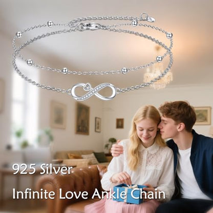 925 Sterling Silver Cat Butterfly Anklets Double Layered Chain for Birthday Women Ankle Bracelet Summer Beach Dainty Jewelry - style: Infinity Anklet