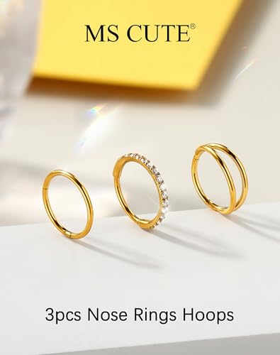 316L Stainless Steel Nose Ring Set – 3PCS Nose Hoops with Cubic Zirconia, 20G/18G, Silver/Black/Gold, 7mm/8mm Sizes, Seamless & Hinged Design for Sensitive Skin Jewelry - color: Gold, size: 18g 7mm