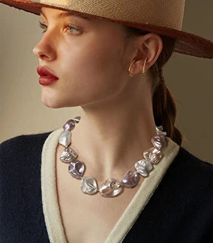 Pearl Choker Necklace for Women Boho Beaded Statement Necklace with Black White Large Freshwater Pearls Silver Fashion Jewelry Gift - color: White pink