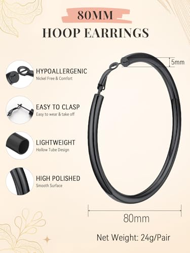 FaithHeart Silver/Black/Gold Stainless Steel Chunky Hoop Earrings for Women | Hypoallergenic Lightweight Hoop Earrings, Trendy Statement Thick Hoop, 20/30/40/50/60/70/80mm - color: Black, size: 80mm