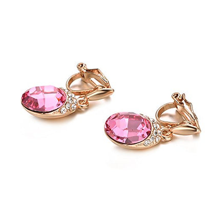 Yoursfs Wedding Clip on Earrings For Women 18K Gold Plated Halo Big Austrian Crystal Dangle Earring Birdal Jewelry - color: Pink