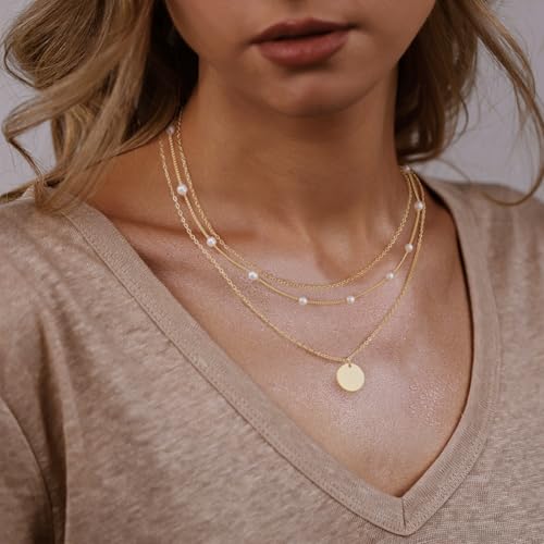 MFRYK Gold/Silver Necklaces Stack For Women,14K Gold/Sterling Silver Plated Simple Layered Choker Necklaces For Women,Stackable Multilayer Pearl Cross Disc Circle Pendant Cuban Herringbone Snake Paperclip Chain Necklaces Set Jewelry Gift for Women - style
