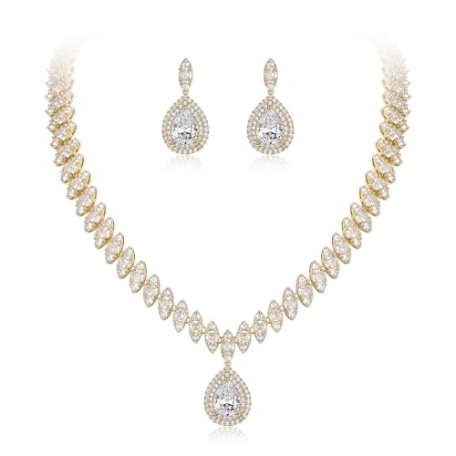 EVER FAITH CZ Marquise Leaf Teardrop Wedding Prom Jewelry Set for Women | Birthstone Pendant Necklace Dangle Earrings - color: Clear Gold-Tone