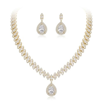 EVER FAITH CZ Marquise Leaf Teardrop Wedding Prom Jewelry Set for Women | Birthstone Pendant Necklace Dangle Earrings - color: Clear Gold-Tone