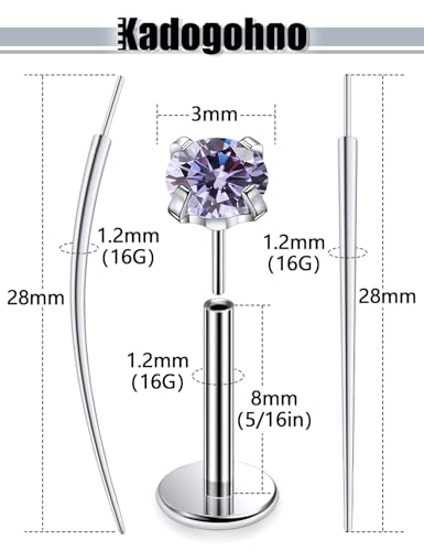 F136 Titanium 20/18/16g Internally Threaded Medusa Monroe Lip Ashley Labret Nose Rings Flat Back Tragus Helix Cartilage Conch Screw Stud Earrings Surgical Steel Piercing Jewelry for Women - color: Purple CZ, size: 16g*5/16in