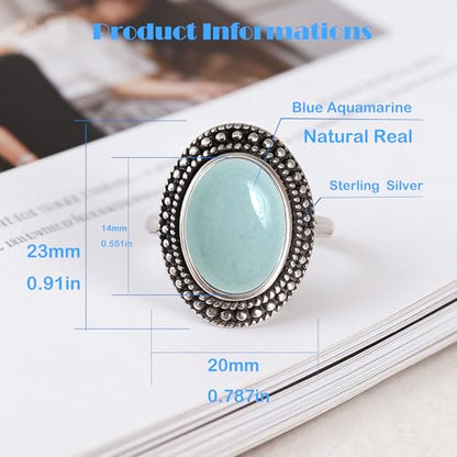 Retro Sterling Silver Stone Ring,Antique Natural Real Oval Crystal Quartz Gemstone Boho Bohemian Ring Jewelry for Women - color: A16_Aquamarine