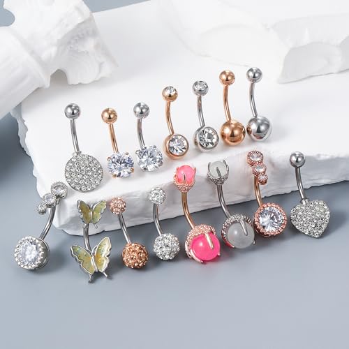 Vsnnsns 14G Belly Button Ring Piercing Jewelry 316L Stainless Surgical Steel Heart CZ Pearl Butterfly Flower Navel Rings Dangle Belly Button Ring Navel Piercing Jewelry for Women Men Hypoallergenic - color: Silver&Rose Gold B