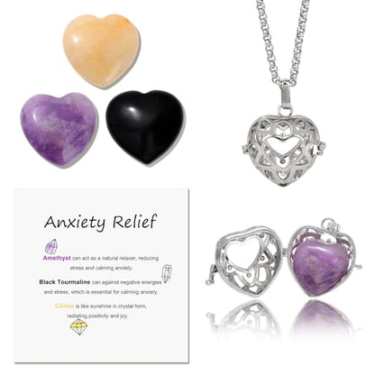 Raicegs Heart Shaped Crystals and Healing Stones 7 Chakra Crystal Necklace 0.8 inch Heart Gemstones Natural Stones Necklaces for Women Spiritual Gift for Women Teen - style: Anxiety