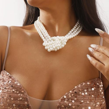 Knot Pearl Choker Necklace For Women 1920s Faux Pearl Bead Statement Necklace Adjustable Twisted Knot Charm Necklaces Jewelry Valentine Christmas Gift - color: White