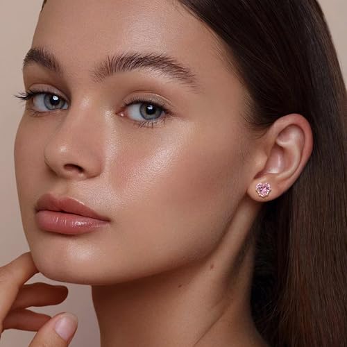 8mm Heart-Cut Birthstone Stud Earrings for Women – 18K Gold Plated Hypoallergenic Cubic Zirconia Earrings, Nickel Free, 12 Months Colors, Everyday Jewelry, Gift for Her, Bridal, Birthday, Christmas - color: 10 Oct pink