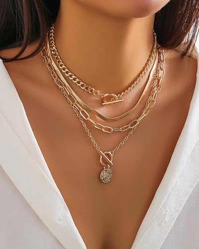 Gold Layered Necklaces for Women Chunky Layered Gold Link Chain Necklaces Trendy Paperclip Herringbone Toggle Clasp Necklace Statement Jewelry Accessories for Her - color: A4:layered western necklaces