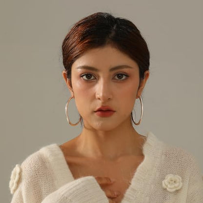 4mm Thick Gold Chunky Earrings Steling Silver Post Hoops Earrings For Women Hollow Tube Hoops Earrings Thick Gold Hoop Earrings Hypoallergenic Lightweight Gold Hoop Large Earrings 20/30/40/50/60MM - color: Silver,60mm