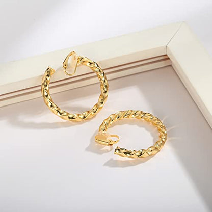 WOWORAMA Chunky Gold Hoop Clip On Earrings for Women | Large Chunky Hoops Clips Earrings, Polished Gold-Plated Clip-On Hoops, Statement Non Pierced Jewelry - color: 40mm Twisted Hoops