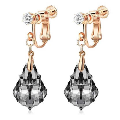 Austrian Crystal Baroque Drop Clip On Dangle Earrings for Women Non Pierced 14K Rose Gold Plated Hypoallergenic Jewelry - color: Black
