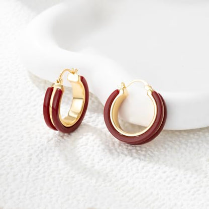 Dr's gift Chunky Leopard Print Earrings for Women 14K Gold Plated Statement Huggie Hoop Earrings Brown Acrylic Tortoise Resin Cheetah Trendy Jewelry - color: red
