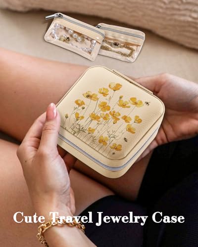Bistup Travel Jewelry Case - Small Jewelry Organizers and Storage Box for Women Girls Teens Cute Traveling Jewelry Holder with Mirror Little Tiny Compact Yellow Flower Pretty Modern Unique Aesthetic - style: Yellow Daisy