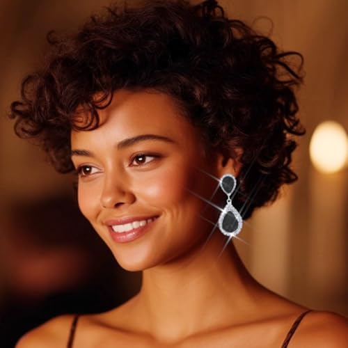 Unicra Silver Rhinestone Teardrop Earrings Crystal Wedding Bridal Dangle Earrings Prom Drop Earrings for Women and Brides - color: Black