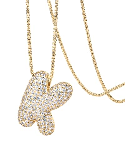 PAVOI 14K Gold Plated Cubic Zirconia Bubble Letter Initial Necklaces for Women | Gold Balloon Necklace Letter | Chunky Pendant Necklaces - style: -K