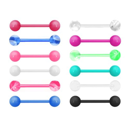 12PCS Soft Flexible Acrylic Plastic Tongue Rings | Barbells 14G 16mm for Women Nipple Rings Candy Color Tongue Piercing Jewelry Retainer for Surgery