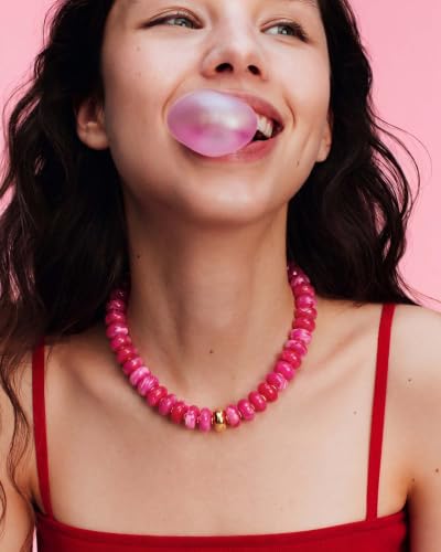 Chunky Beaded Necklace for Women Boho Statement Bead Necklace Adjustable Choker with Polished Disc/Square Beads Trendy Summer Beach Jewelry Gifts - color: Hot Pink