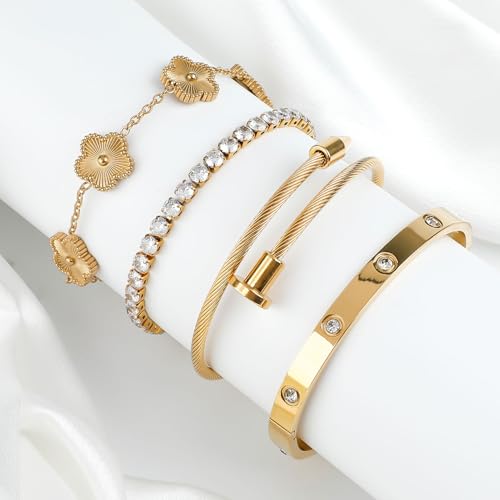 Bracelet Bangle Set, 4pcs Stackable Four Leaf Gold Bracelet Set for Wife Mom Girlfriend - color: Gold (K1)