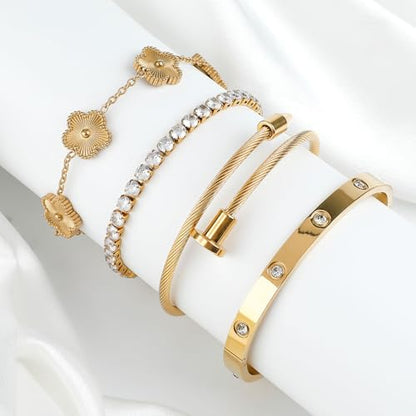 Bracelet Bangle Set, 4pcs Stackable Four Leaf Gold Bracelet Set for Wife Mom Girlfriend - color: Gold (K1)