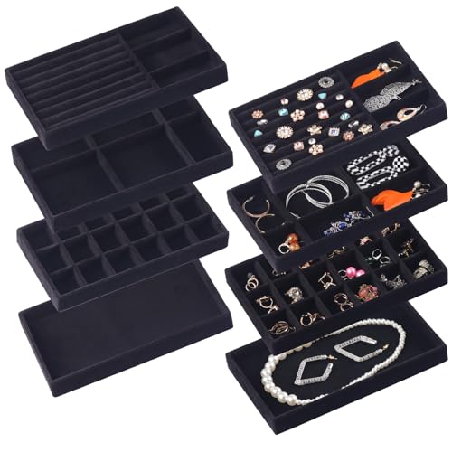 Set of 8 Velvet Jewelry Drawer Organizer Inserts, Stackable Trays with Removable Dividers, Earring and Ring Holder Display for Dresser, Storage Case for Necklace Bracelet Watch - Black - color: Black