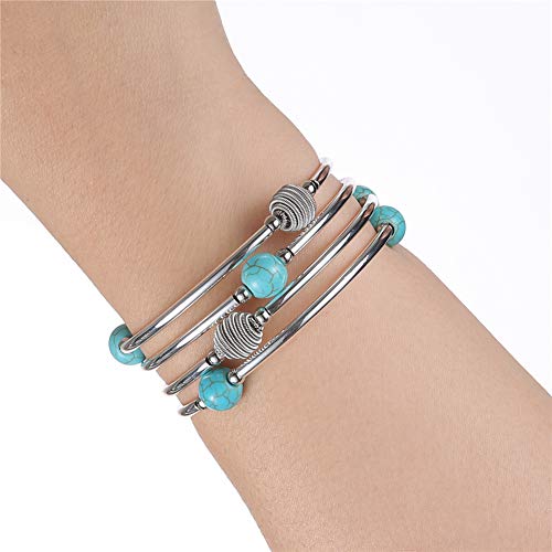 PEARL&CLUB Beaded Chakra Bangle Turquoise Bracelet - Fashion Jewelry Wrap Bracelet with Thick Silver Metal and Mala Beads, Birthday Gifts For Women - color: 63-Turquoise Blue