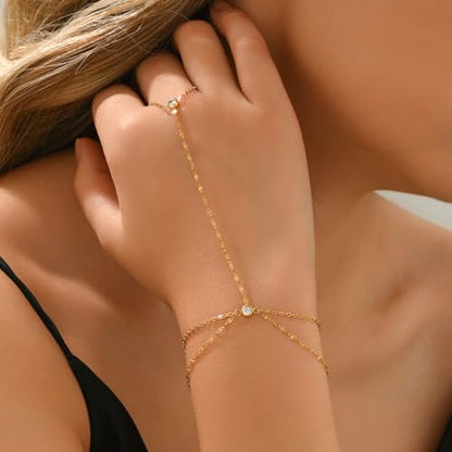 Gold Hand Chain Bracelet for Women 18K Gold Plated Stainless Steel Ring Bracelet Hand Chain with Pearl Star CZ Adjustable Hand Jewelry Chain Gifts - color: Y 2Layered Lip-Gold