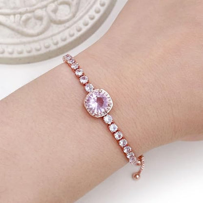 Sparkling CZ Tennis Bracelets for Women, Birthstone Slider Bolo Bracelets Trendy Birthday Valentine's Day Jewelry for Women Lady - color: Pink