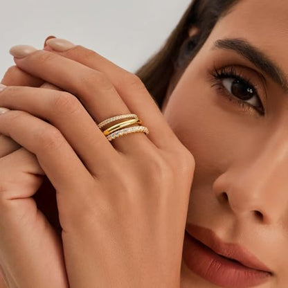 Cicy Bell Interlocking Ring for Women 18k Gold Plated CZ Stack Ring Set - color: Style D-Gold, size: 7