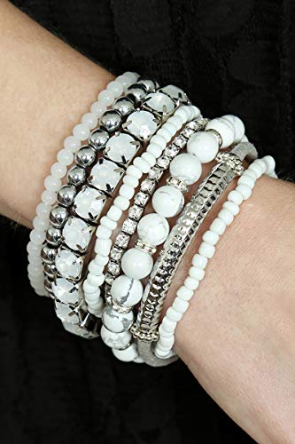 RIAH FASHION Multi Color Stretch Beaded Stackable Bracelets - Layering Bead Strand Statement Wrap Bangles - color: Natural Stone - White Howlite/Silver, size: 7.0 Inches Length