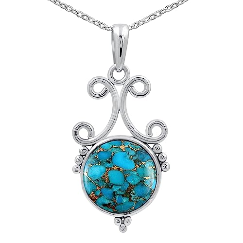 Natural Round Gemstone Pendant Necklace for Women, 925 Sterling Silver | Solitaire Birthstone Jewelry With 18 Inch Chain, Handmade Semi Precious Stone Pendant, Jewelry Gift for Mom, Wife & Sister - color: Blue Copper Turquoise