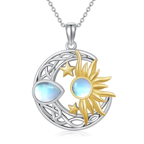 AOBOCO 925 Sterling Silver Moon Sun Star Necklace Celtic Jewelry for Women Girls - color: Silver&Gold&Moonstone